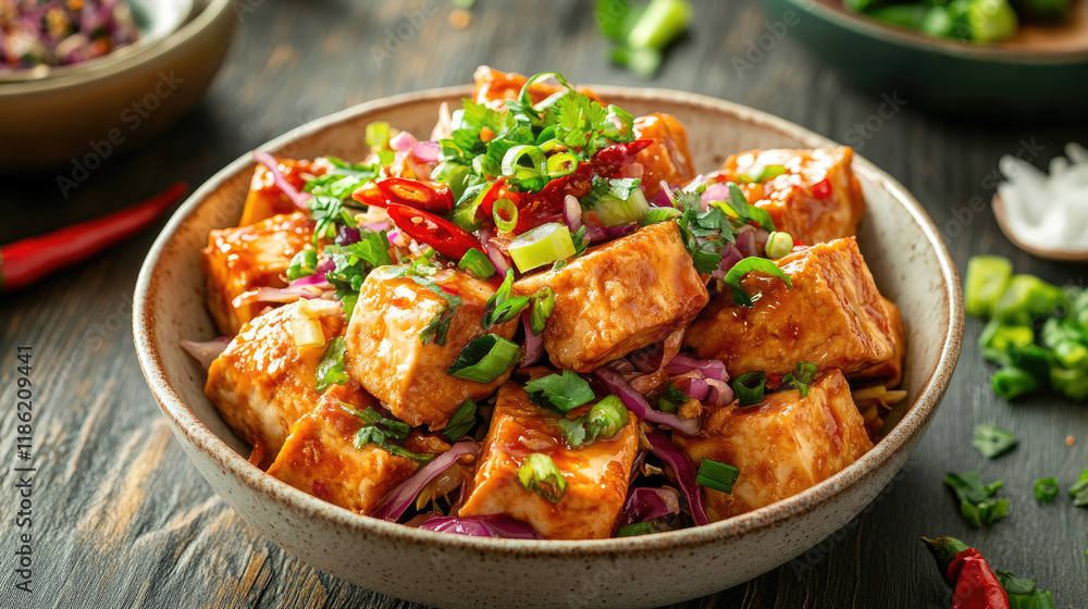 Tofu stir-fry with colorful toppings Tofu stir-fry with colorful toppings