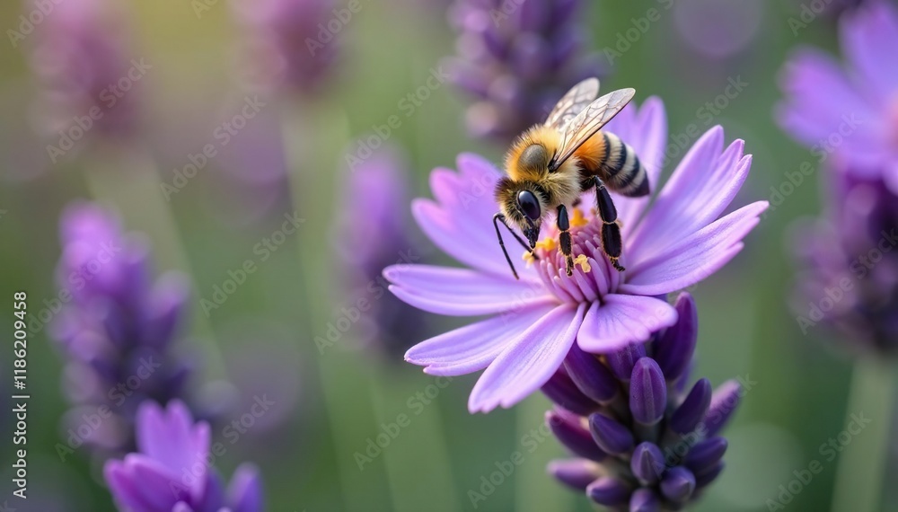 A bee collects nectar from a fragrant lavender flower, floral, flowers, pollination A bee collects nectar from a fragrant lavender flower, floral, flowers, pollination