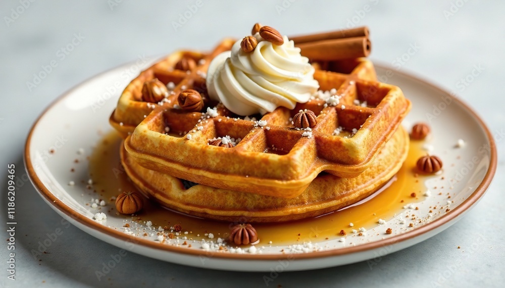 Pumpkin spice waffles with creamy topping and cinnamon sticks garnished with nuts, warm, aromatic, topping Pumpkin spice waffles with creamy topping and cinnamon sticks garnished with nuts, warm, aromatic, topping