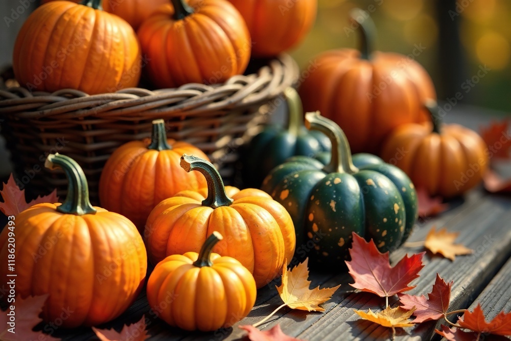 Pumpkins and leaves create a warm and inviting atmosphere, rustic autumn, natural elements Pumpkins and leaves create a warm and inviting atmosphere, rustic autumn, natural elements