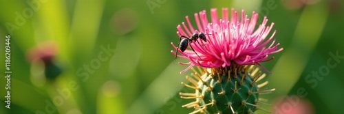 Ants swarming around the base of a thistle plant, closeup, entomology photo