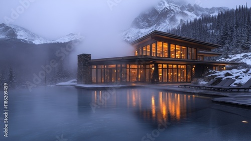 Winter retreat with a heated pool nestled in snowy mountains during twilight