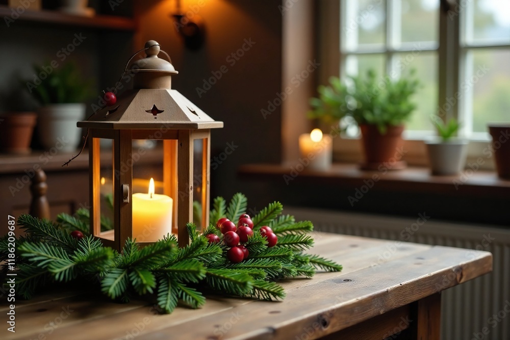 Wooden circle lantern on a wooden table with evergreen branches and candles, decor, country, holiday Wooden circle lantern on a wooden table with evergreen branches and candles, decor, country, holiday
