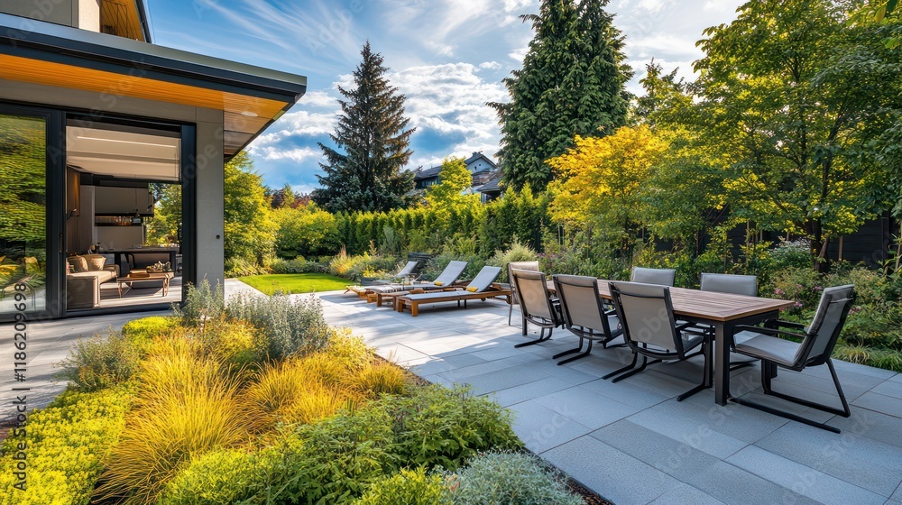 A beautiful garden space with a modern outdoor dining area, lounge chairs, and a tranquil view A beautiful garden space with a modern outdoor dining area, lounge chairs, and a tranquil view
