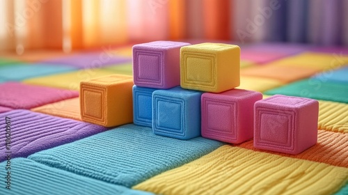 Colorful building blocks arranged on a vibrant quilt in a sunny playroom