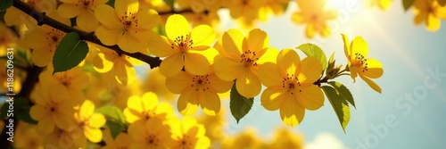 Cassia fistula tree with large bright yellow flowers shining in the sun, shine, branch, yellow