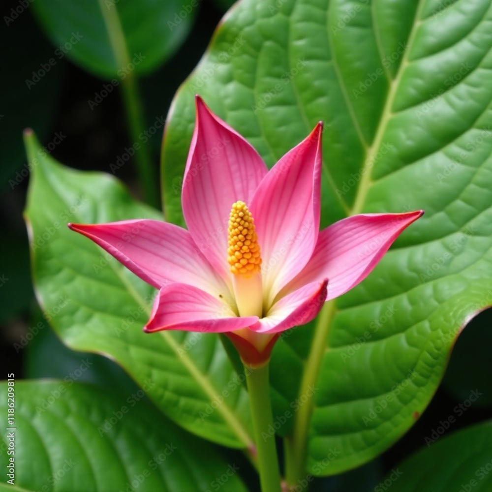 Fototapeta premium Single pink torch ginger bloom on a white leaf, nature, ginger, green