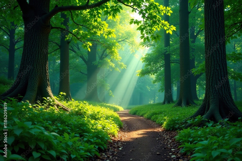Obraz premium A winding forest path leads to a hidden glade, green, glade