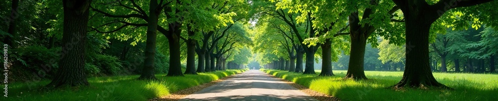 Naklejka premium A tranquil atmosphere envelops the avenue lined with mature trees, calm, natural, forest