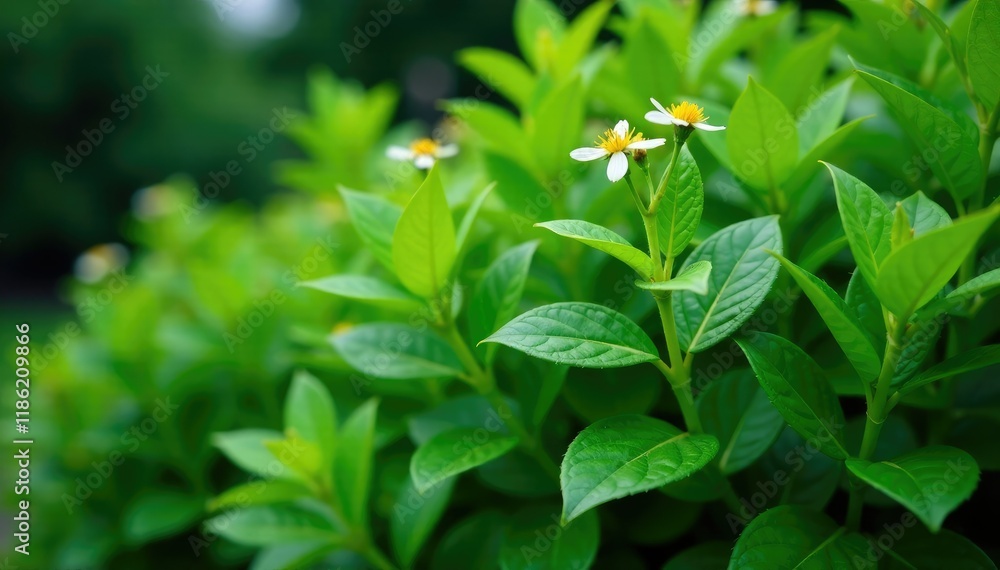 Tall evergreen shrub with shiny leaves and small white flowers, evergreen, botanical Tall evergreen shrub with shiny leaves and small white flowers, evergreen, botanical