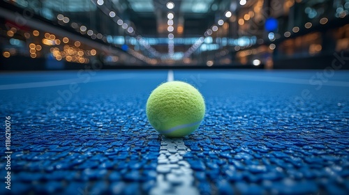 Focus on a unique textured ball on a vibrant blue sports court under bright s...