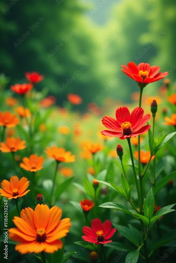 Lush greenery with red flowers swaying gently in the breeze amidst a sea of orange flowers, flower, floral Lush greenery with red flowers swaying gently in the breeze amidst a sea of orange flowers, flower, floral