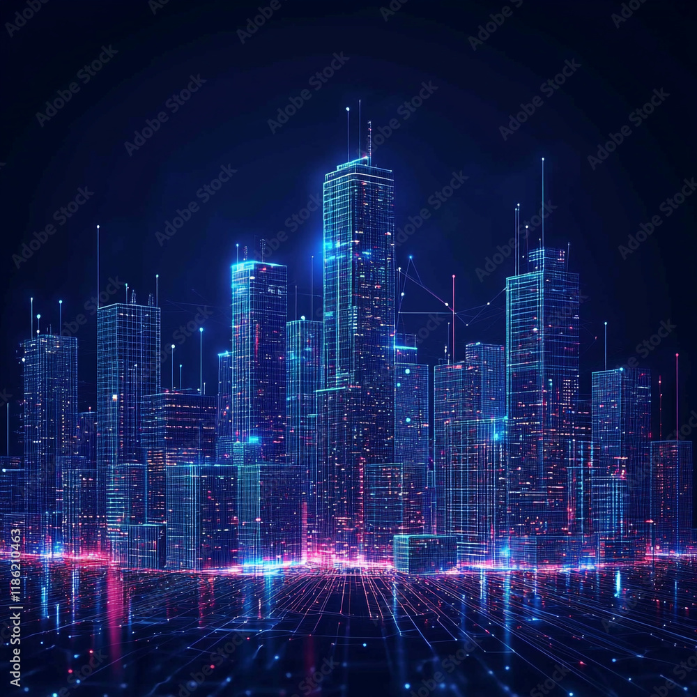Fototapeta premium Urban skyline displayed in vibrant neon colors with digital elements at night
