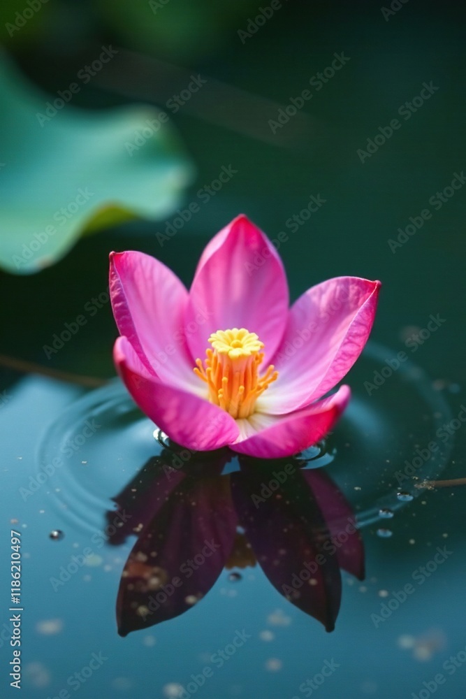 Small flower petal gently bobbing in the water with a single glistening tear, natural, water Small flower petal gently bobbing in the water with a single glistening tear, natural, water