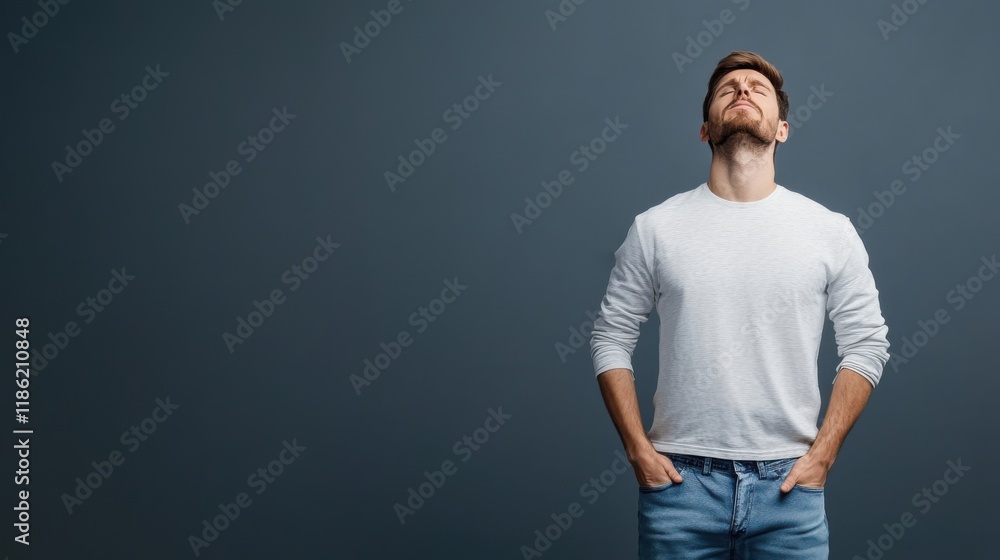Fototapeta premium Man in Casual Attire Gazing Upward with A Thoughtful Expression Against a Simple Gray Background
