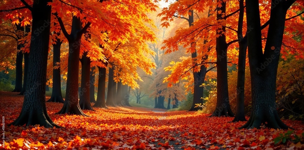 Fototapeta premium Dense foliage of deciduous trees in autumnal hues, earthy, nature, leaf drop