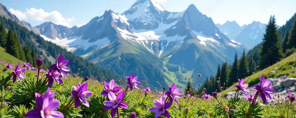 Fototapeta premium Delicate purple columbine flowers bloom amidst snow-capped mountain peaks, wildlife, wilderness