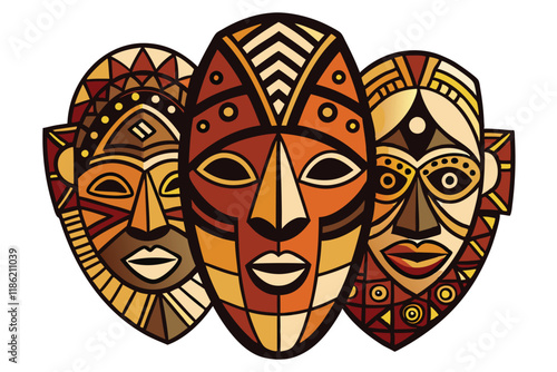 Illustration of African tribal masks with geometric patterns and earthy tones symbolizing culture, identity, and history for Black History Month