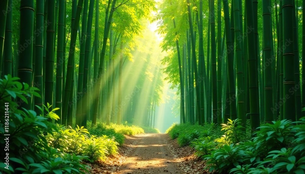 Obraz premium Bamboo grove at midday with dappled shade and sunlight, bamboo, grove, sun