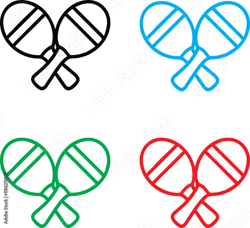 Table tennis paddles, simplified icon design, crossed rackets, geometric shapes, minimalist sports equipment, black and white, blue, green, red color variants, clean lines, symmetrical composition, fl