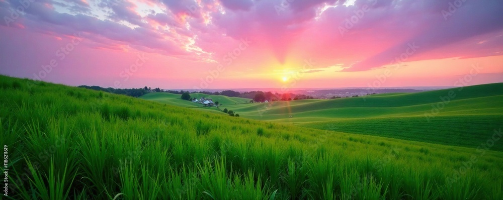Obraz premium Green pastures stretch far in distance at dusk, greenery, grass, pink