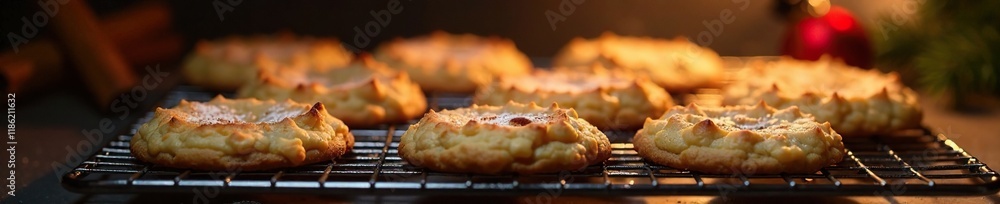 Fototapeta premium Aromatic spices wafting from the oven as warm Christmas cookies cool on a wire rack, Christmas cookies, fragrant spices, cozy atmosphere