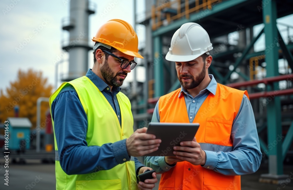 Two engineers review machinery system in oil refinery. Wear safety helmets, vests. Engineers analyze equipment details using digital tablet outdoors. Teamwork evident in photo. Cooperation key in Two engineers review machinery system in oil refinery. Wear safety helmets, vests. Engineers analyze equipment details using digital tablet outdoors. Teamwork evident in photo. Cooperation key in