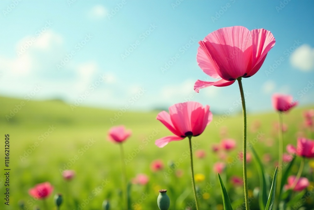 Pink poppy flowers blooming on a pale green grassy field, poppies, nature, flowers Pink poppy flowers blooming on a pale green grassy field, poppies, nature, flowers
