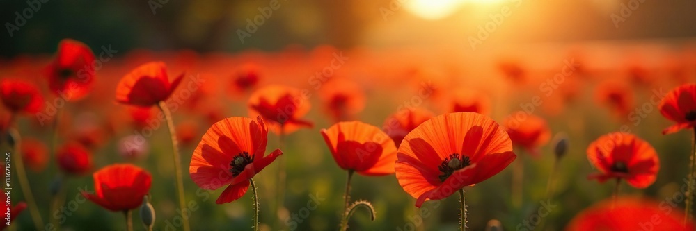 Fototapeta premium Softly glowing red poppies in the fading light, soft glow, poppy field