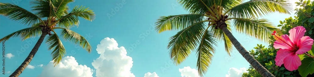 Fototapeta premium Palm trees swaying gently in the breeze with pink hibiscus flowers, nature, breeze