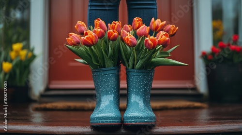 Bright tulips in black rubber boots at a charming front door during autumn
