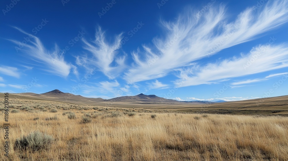 Dramatic cirrus clouds over a vast, dry, golden grassland and distant mountains under a brilliant blue sky. Dramatic cirrus clouds over a vast, dry, golden grassland and distant mountains under a brilliant blue sky.
