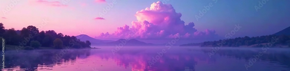 Fototapeta premium A majestic purple cloud floats above a tranquil lake at dawn, serene, landscape