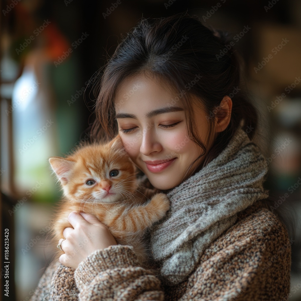 Woman Gently Holds Adorable Orange Kitten Woman Gently Holds Adorable Orange Kitten