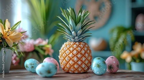 A tropical-themed Easter basket featuring pineapple-shaped candies, eggs painted with palm tree designs, and mini beach accessories. photo