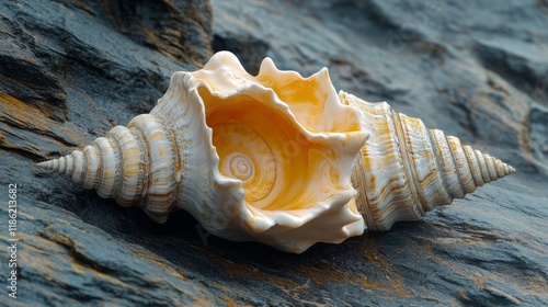 Beautiful large seashell resting on a rocky surface near the beach at sunset photo