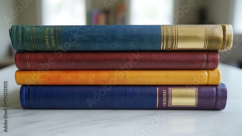 Colorful stacked books displaying vibrant covers against a teal background in...