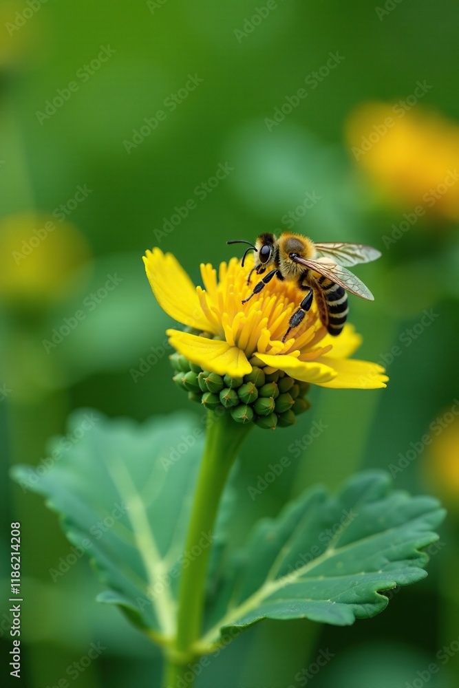 Small bee feeding on a single yellow broccoli floret, wildlife photography, garden, bees Small bee feeding on a single yellow broccoli floret, wildlife photography, garden, bees