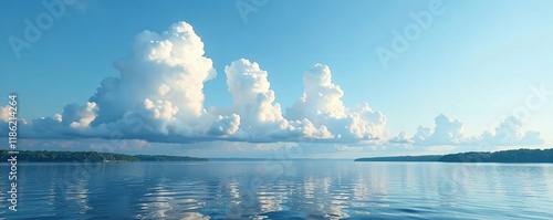 Soft and white clouds gather over St Lawrence seaway, cloudy sky, , lake water