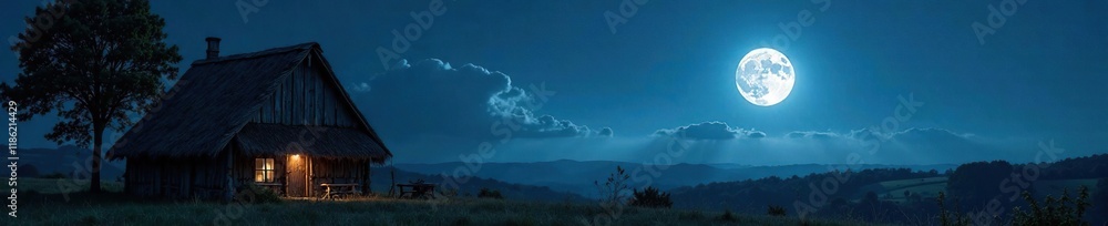 Full moon casting a silver glow on straw roof, landscape, Full moon casting a silver glow on straw roof, landscape,