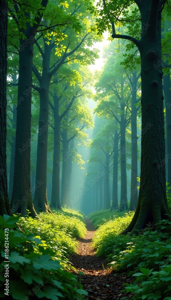 Obraz premium Dense forest with towering trees and dappled shade, arboreal, verdant