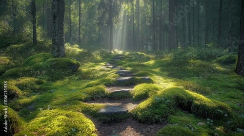 Serene forest path surrounded by lush green ferns and sunlight filtering thro...