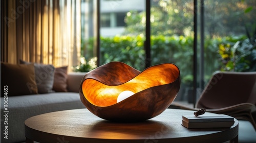 Unique modern sculpture with warm light in elegantly designed interior space