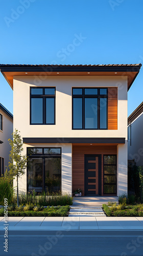 Modern two-story house with large windows and wooden accents in a sunny suburban neighborhood setting