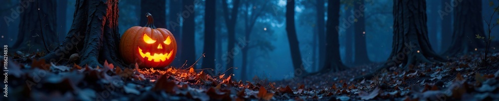 Spooky glowing jack o lantern in the woods at night, trees, stars Spooky glowing jack o lantern in the woods at night, trees, stars