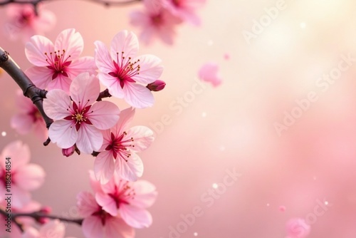 Soft peach background with blooming cherry blossoms, pastel colors, gentle