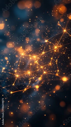 Bright glowing particles and connections create a cosmic web in a dark space ...