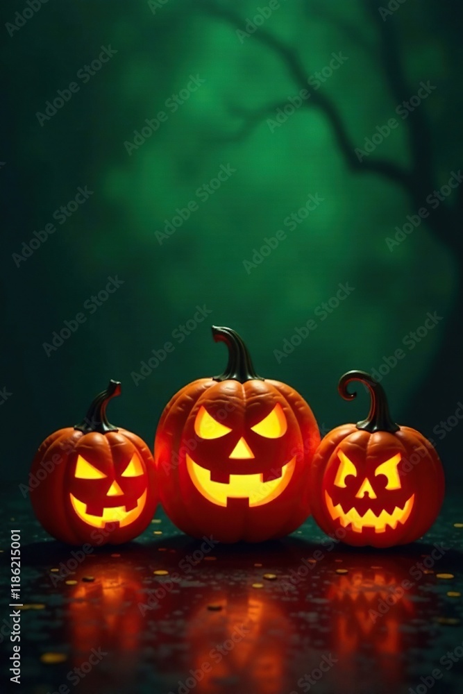 Obraz premium Three jack-o-lanterns in varying hues lighting up a dark background, green, Halloween