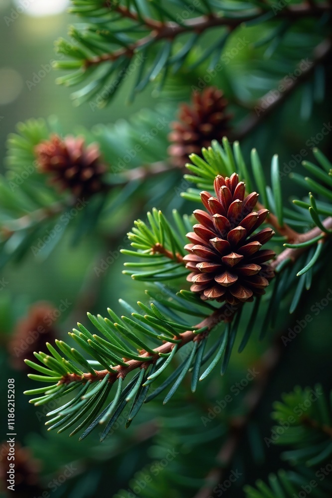 Pinecone and berry covered spruce branch in the forest square, , branches, pinecones Pinecone and berry covered spruce branch in the forest square, , branches, pinecones
