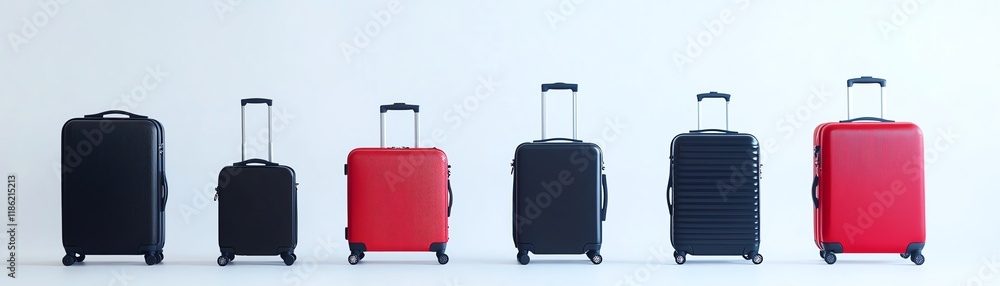 Various luggage suitcases in different sizes, white isolate background. Various luggage suitcases in different sizes, white isolate background.
